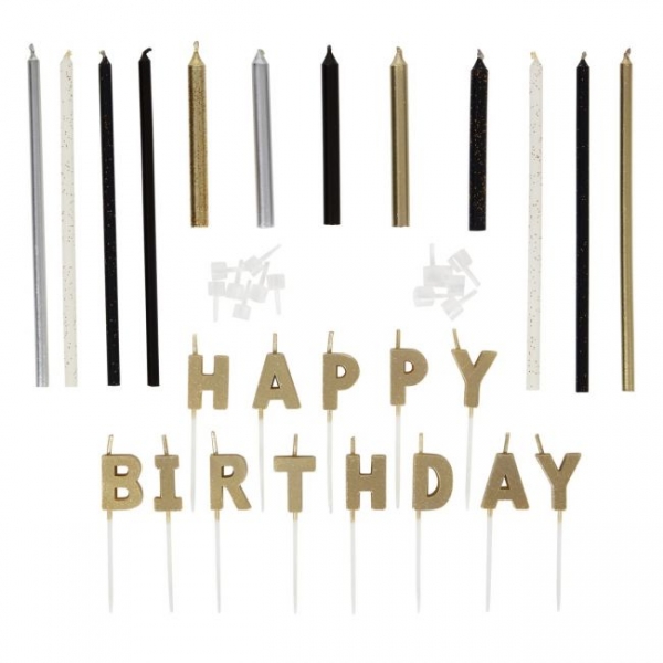 Kerzen Set - Happy Birthday / Schwarz Gold Silber